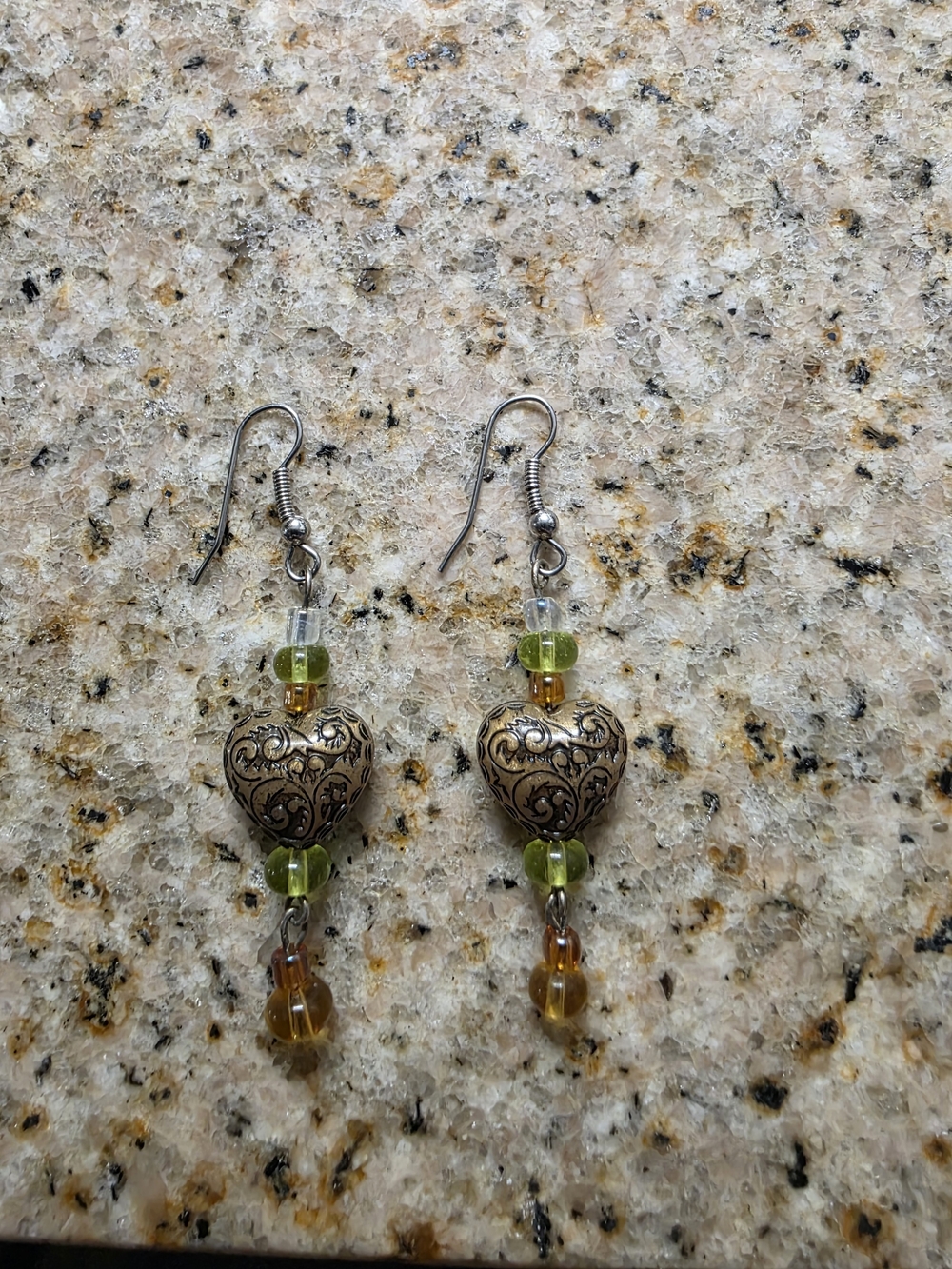 Heart Drop Earrings with Green and Amber Beads